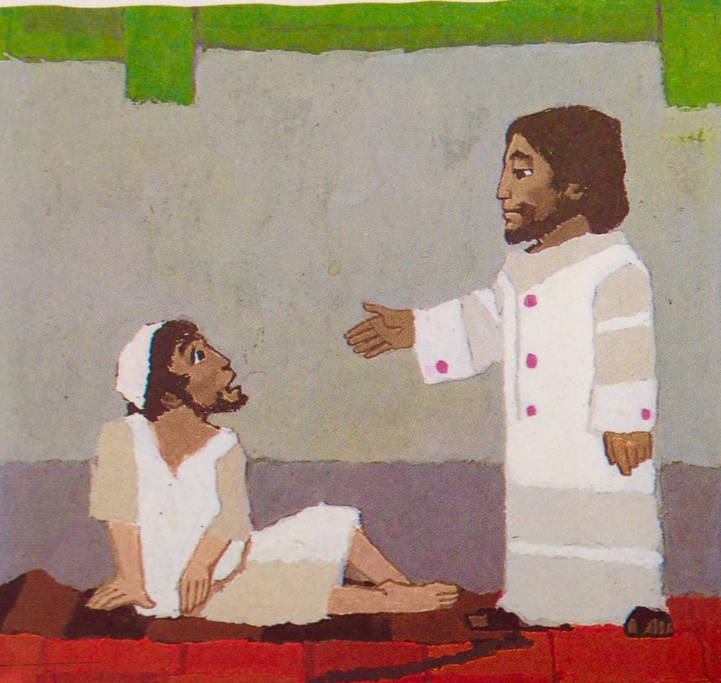 Jezus steekt zijn hand uit naar de verlamde man